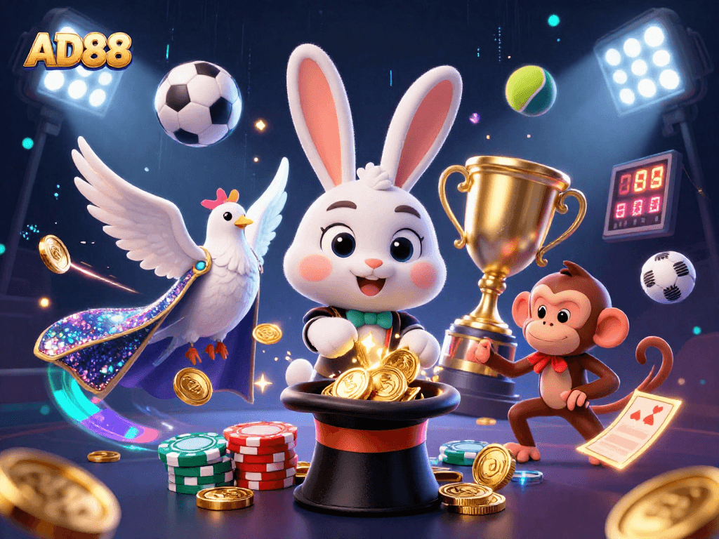 Experience thrilling gaming moments with AD88 in a vibrant 3D casino scene filled with excitement.