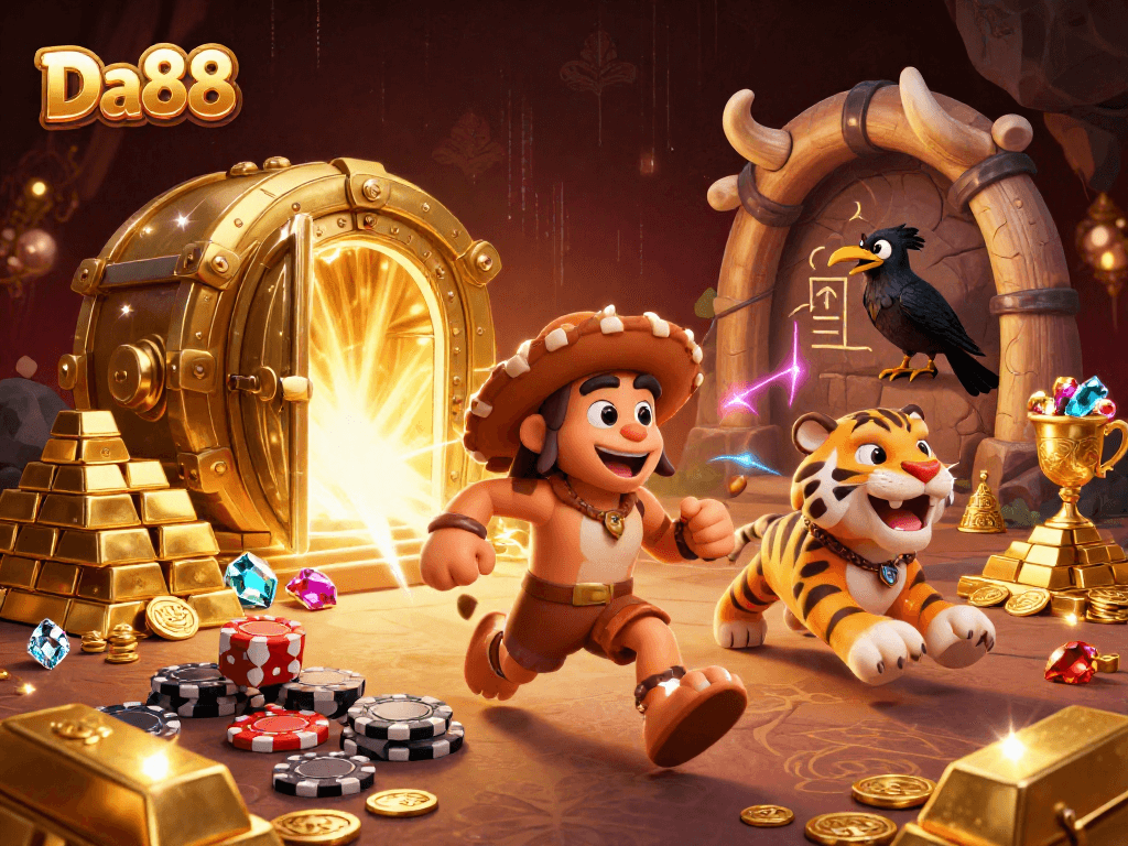 Experience the thrill at Da88 casino with a caveman, sabertooth tiger, and treasure galore!