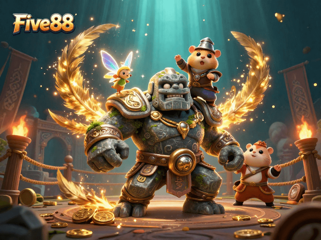Experience the excitement of Five88 gaming with a dynamic scene featuring a magical golem guardian, fairy, and knight.