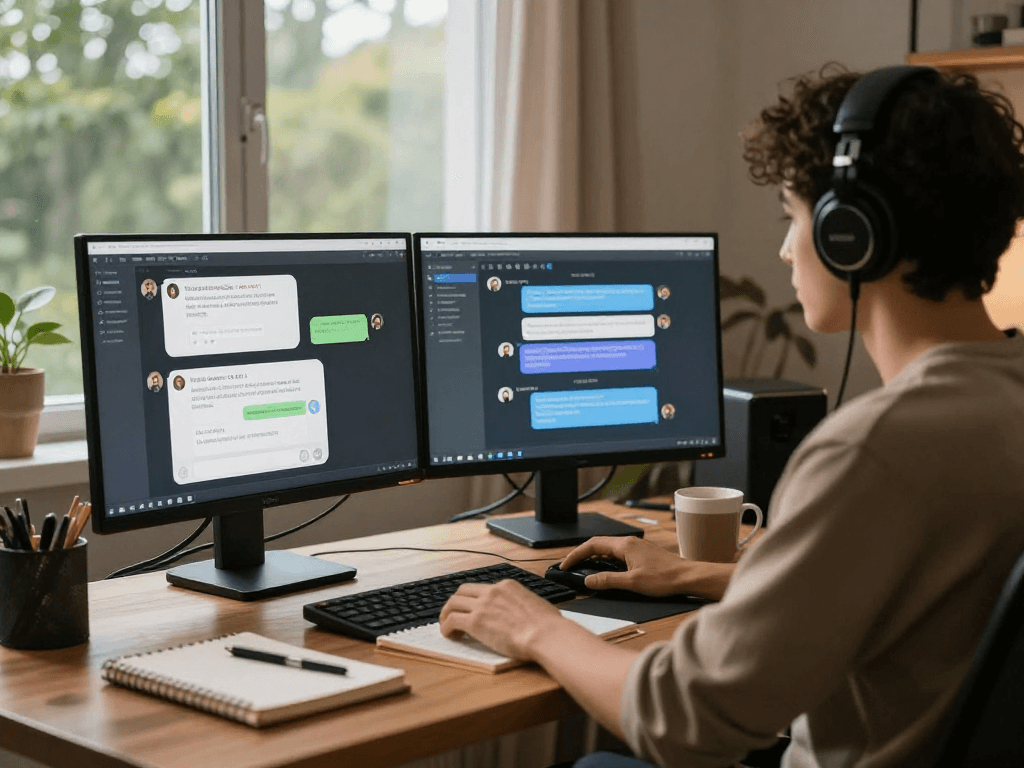 Dynamic NSFW AI chat interaction in a cozy home office with multiple screens.