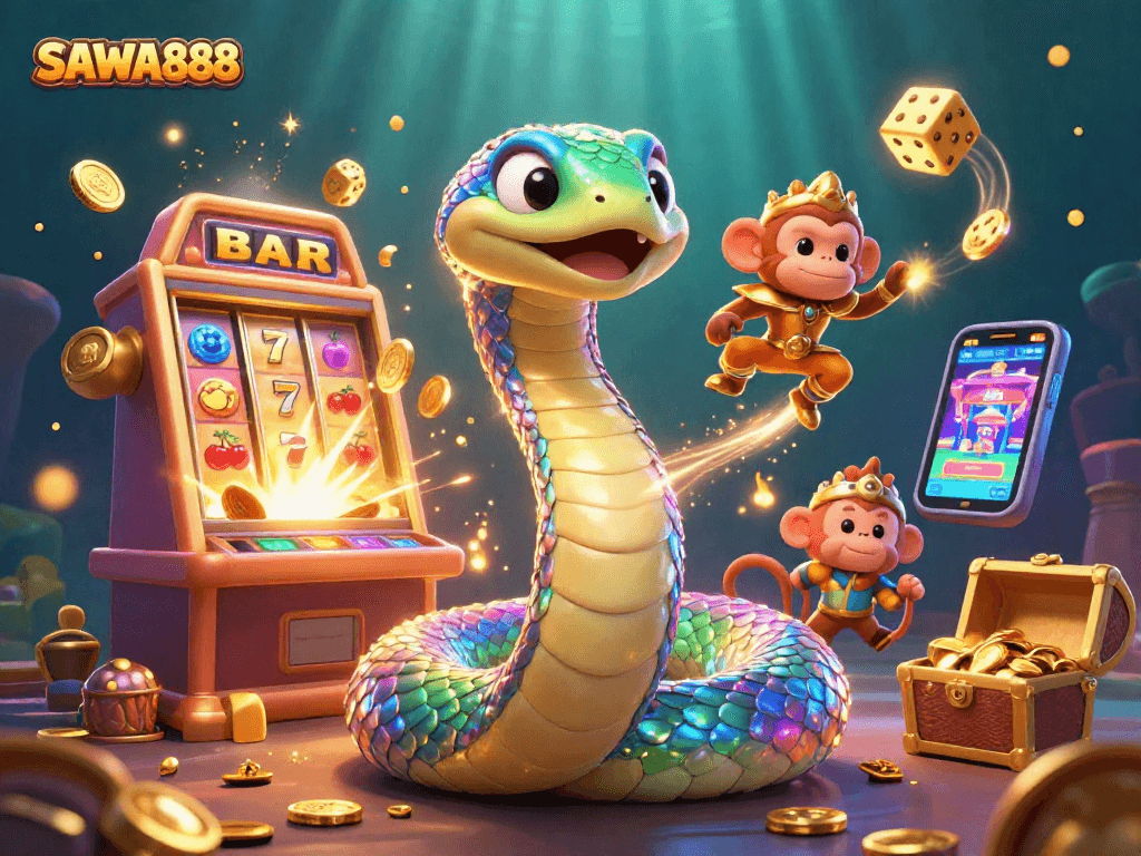Experience the excitement of SAWA888 with dynamic slots and vibrant characters in this thrilling casino scene.