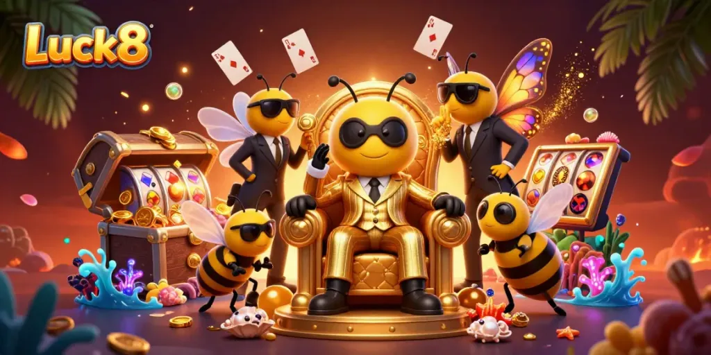 Experience the thrill of Luck8 with a cartoon bumblebee mob boss amidst vibrant game elements and treasures.