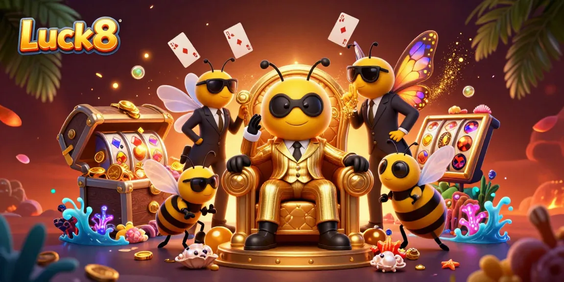 Experience the thrill of Luck8 with a cartoon bumblebee mob boss amidst vibrant game elements and treasures.
