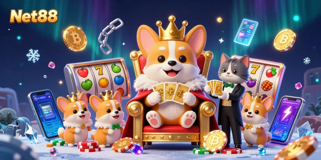 Engage with Net88's vibrant gaming adventure featuring captivating slot reels and crypto elements.