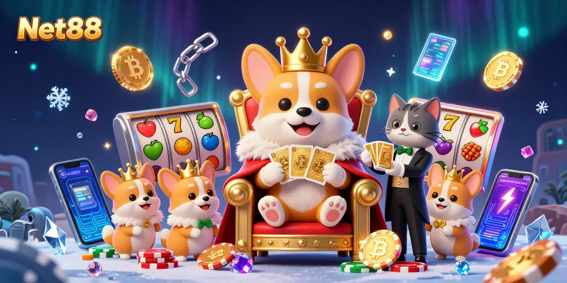 Engage with Net88's vibrant gaming adventure featuring captivating slot reels and crypto elements.