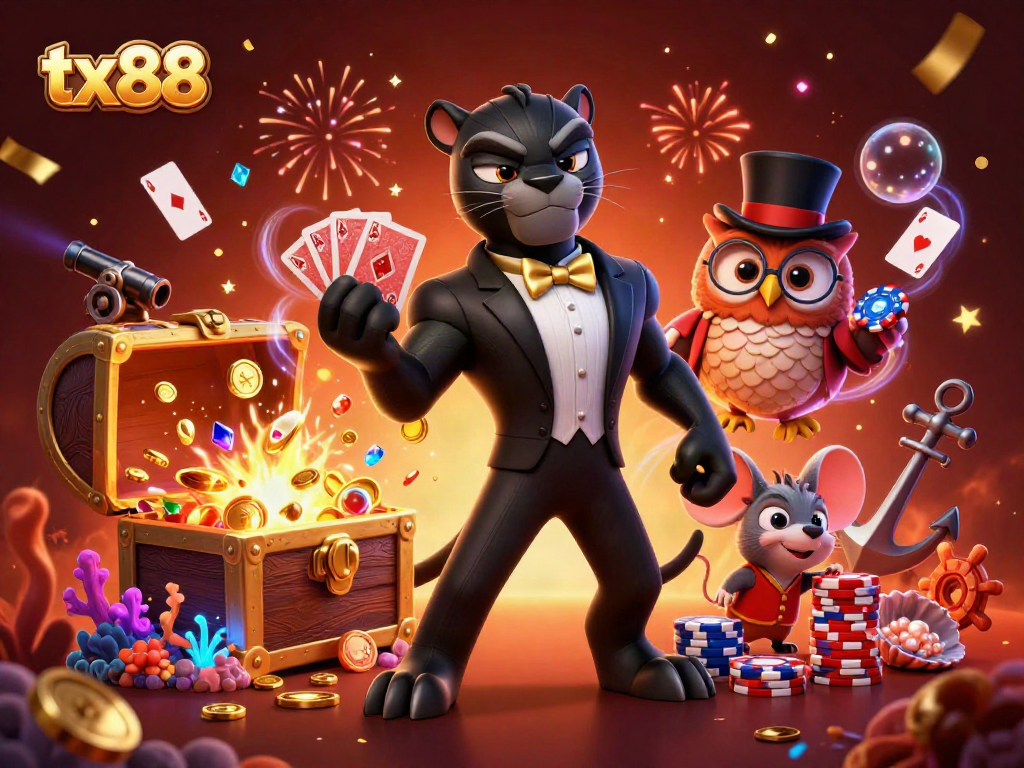Experience tx88 excitement with a stylish black panther card dealer amidst casino treasures.