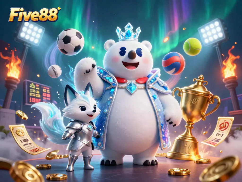 Engage with Five88's thrilling casino experience through a dynamic scene featuring enchanting characters and interactive game elements.