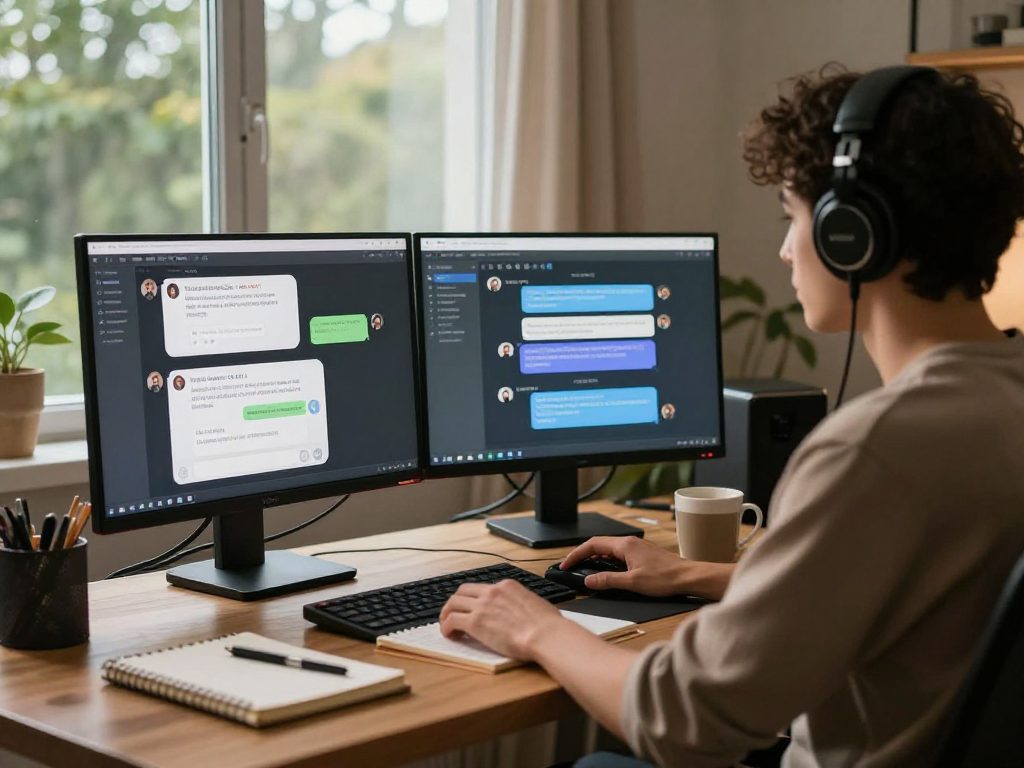 Dynamic NSFW AI chat interaction in a cozy home office with multiple screens.