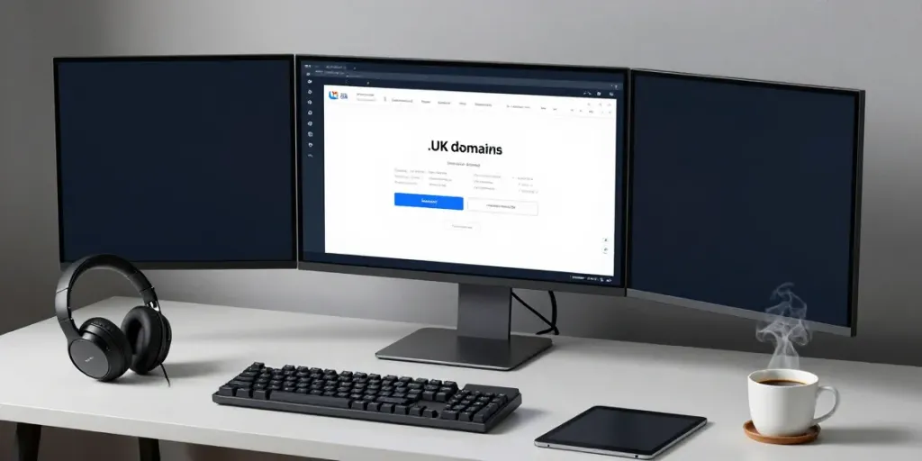 Buy .uk domain registration in a modern developer workspace with a focus on software development tools.