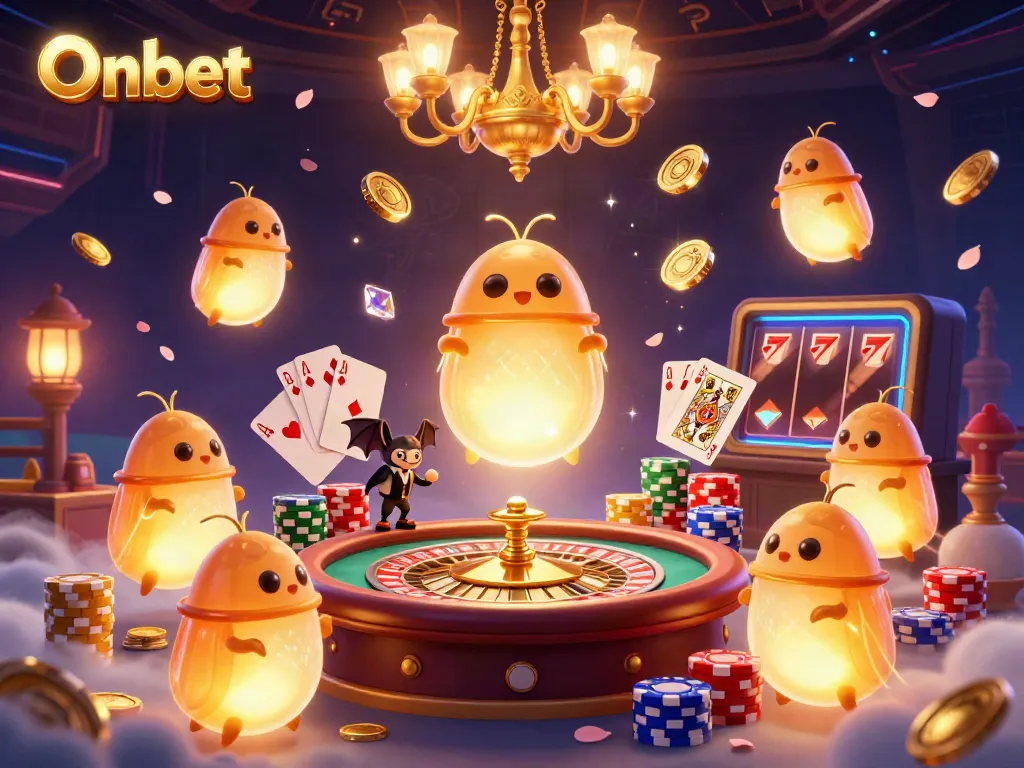 Experience Onbet's vibrant casino atmosphere with glowworms illuminating a lively game scene.