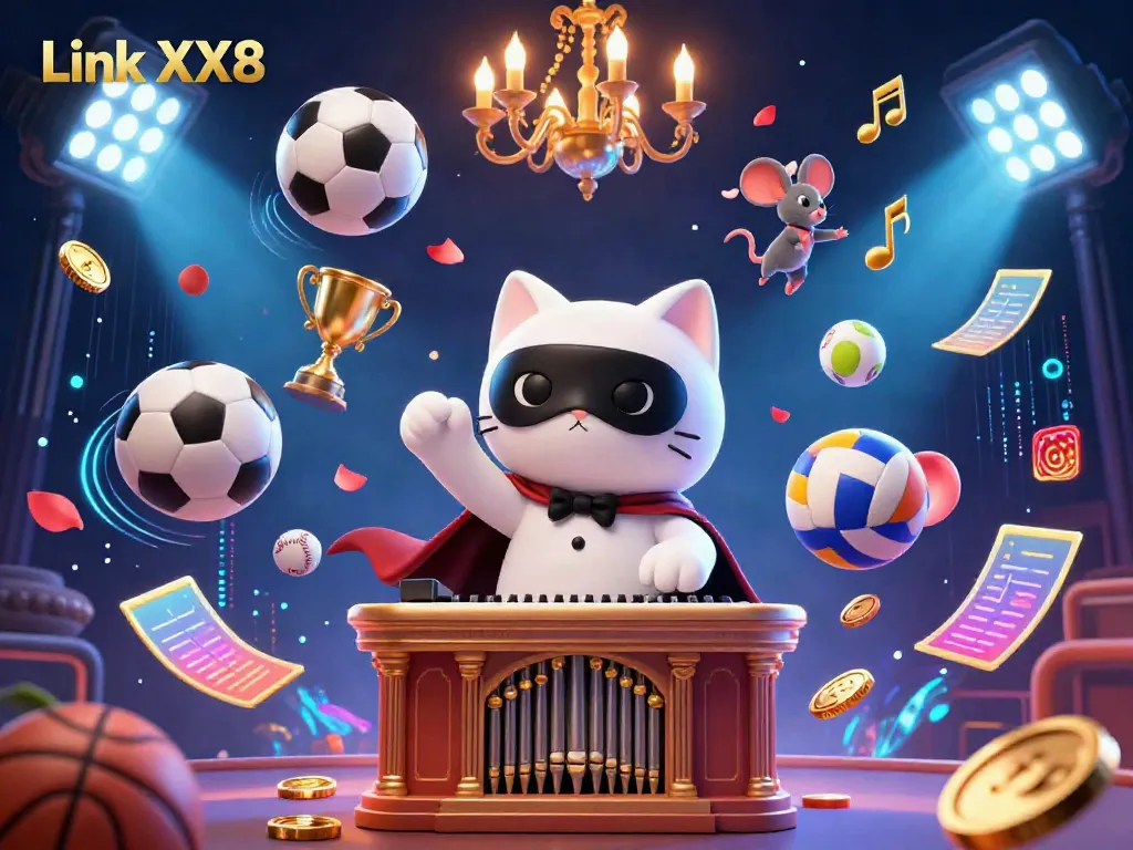 Experience the excitement of Link XX8 with a dynamic casino scene featuring a phantom cat and sports elements.