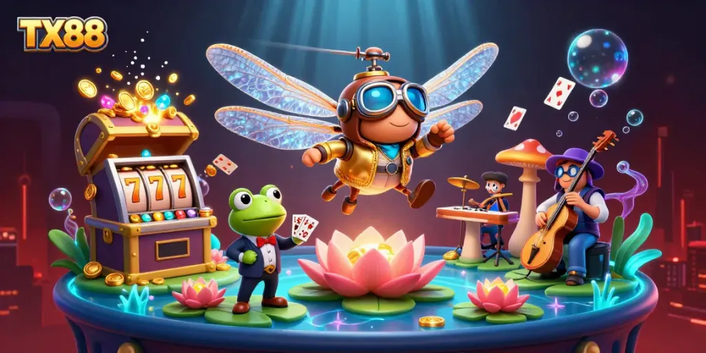 Experience excitement at TX88 with a thrilling casino scene featuring dynamic slot gaming elements.