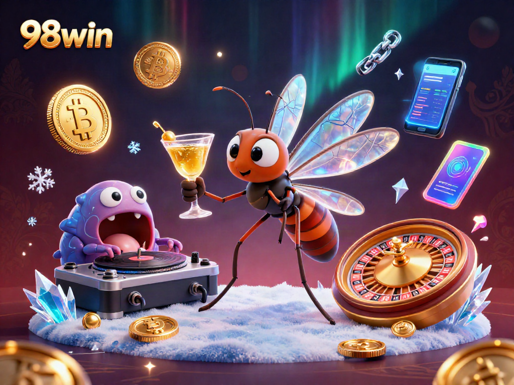 Engage with 98win's vibrant casino scene featuring a unique mosquito mascot and a trilobite DJ.