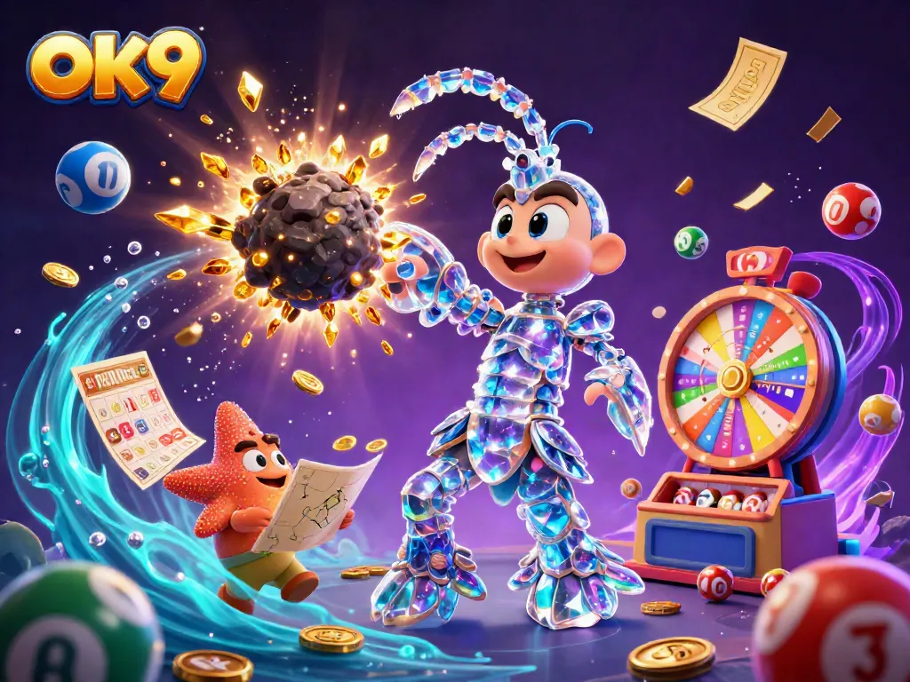 Win big at OK9 with dynamic visuals showcasing a galactic samurai mantis shrimp and a navigator starfish in vibrant casino-themed action.