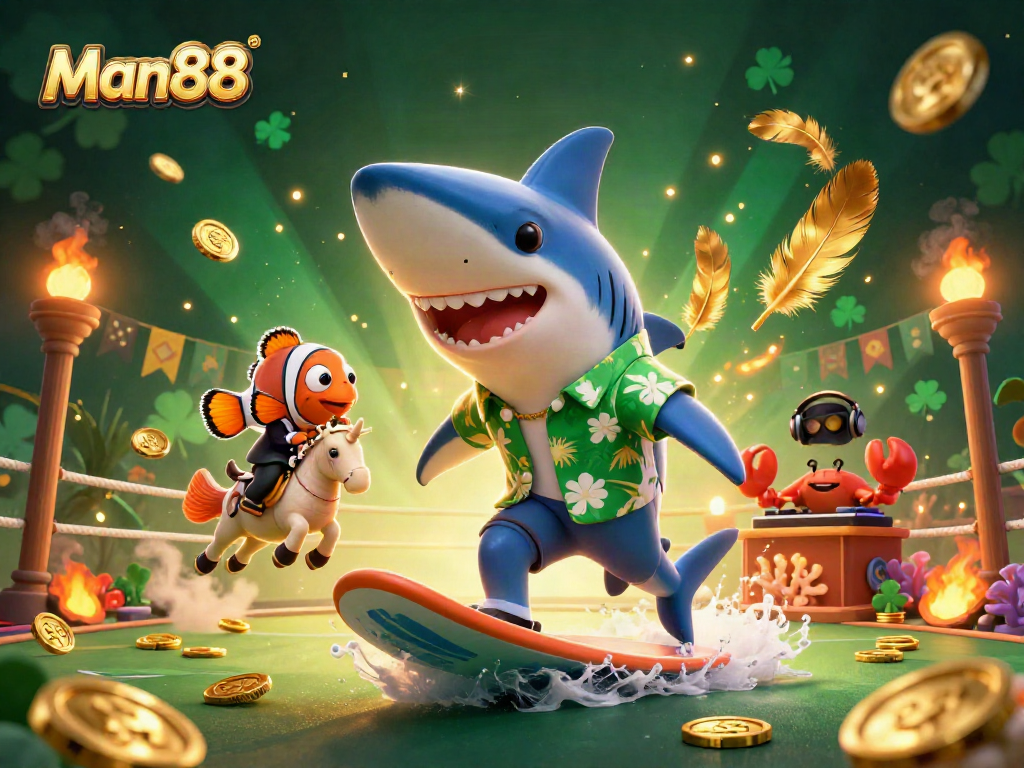 Surfer shark celebrating big wins at Man88's online sports betting platform amidst golden coins.