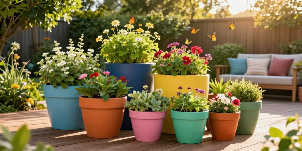 Buy garden planters online displaying colorful outdoor planters amidst vibrant flowers and greenery.