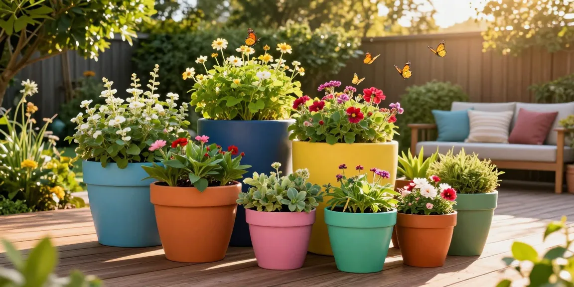 Buy garden planters online displaying colorful outdoor planters amidst vibrant flowers and greenery.