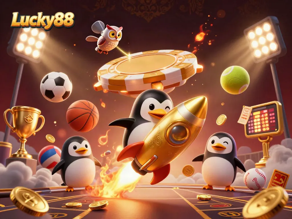 Watch the Lucky88 golden penguin soar toward a casino space station amidst vibrant sports betting elements.