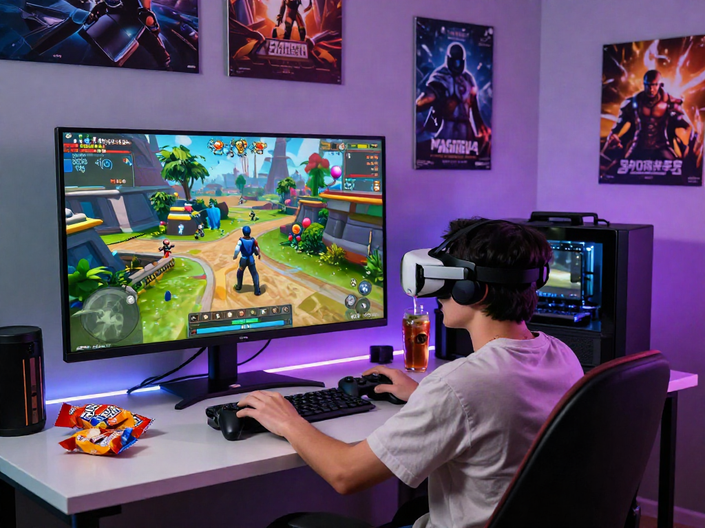 Gamer exploring real porn games in a vibrant virtual reality scene with immersive graphics and accessories.