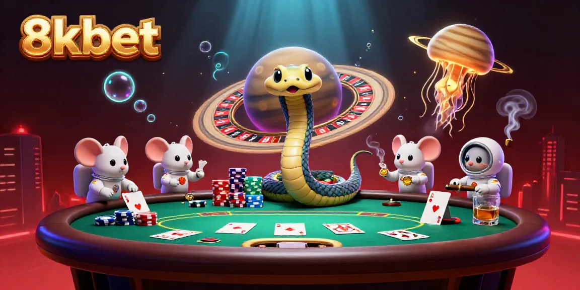 Action-packed 3D illustration of 8xbet's gaming scene featuring astronauts and a cosmic dealer.