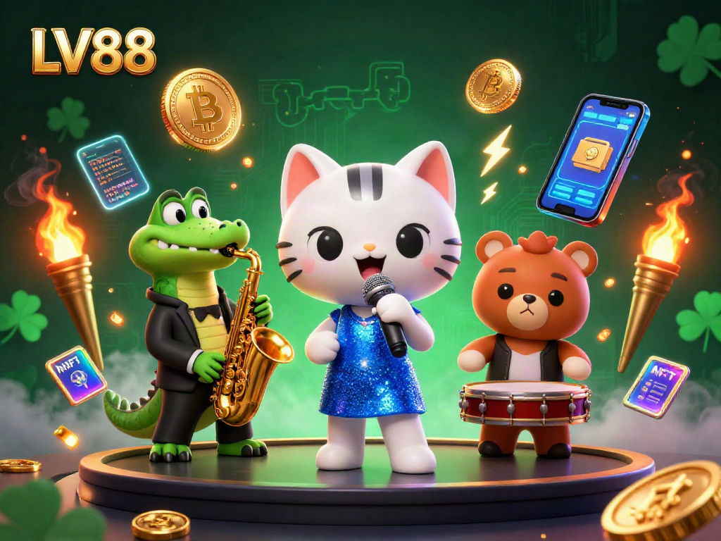 Jazz-singer cat performs on stage at LV88 Casino, surrounded by vibrant crypto elements and engaging visuals.