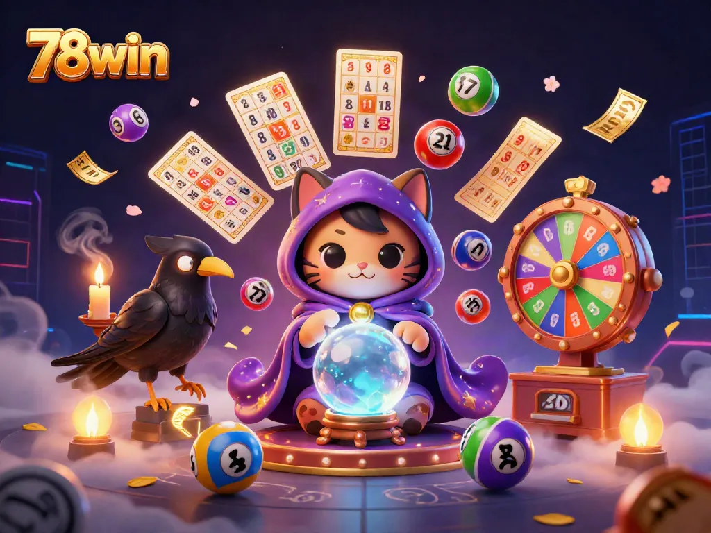 Experience the thrill of 78win with a mystical scene featuring a fortune teller, raven, and vibrant gaming elements.