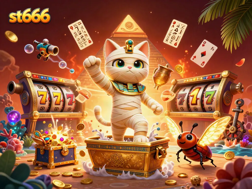 Experience the excitement of st666 with a dynamic casino scene bursting with vibrant game elements and treasures.