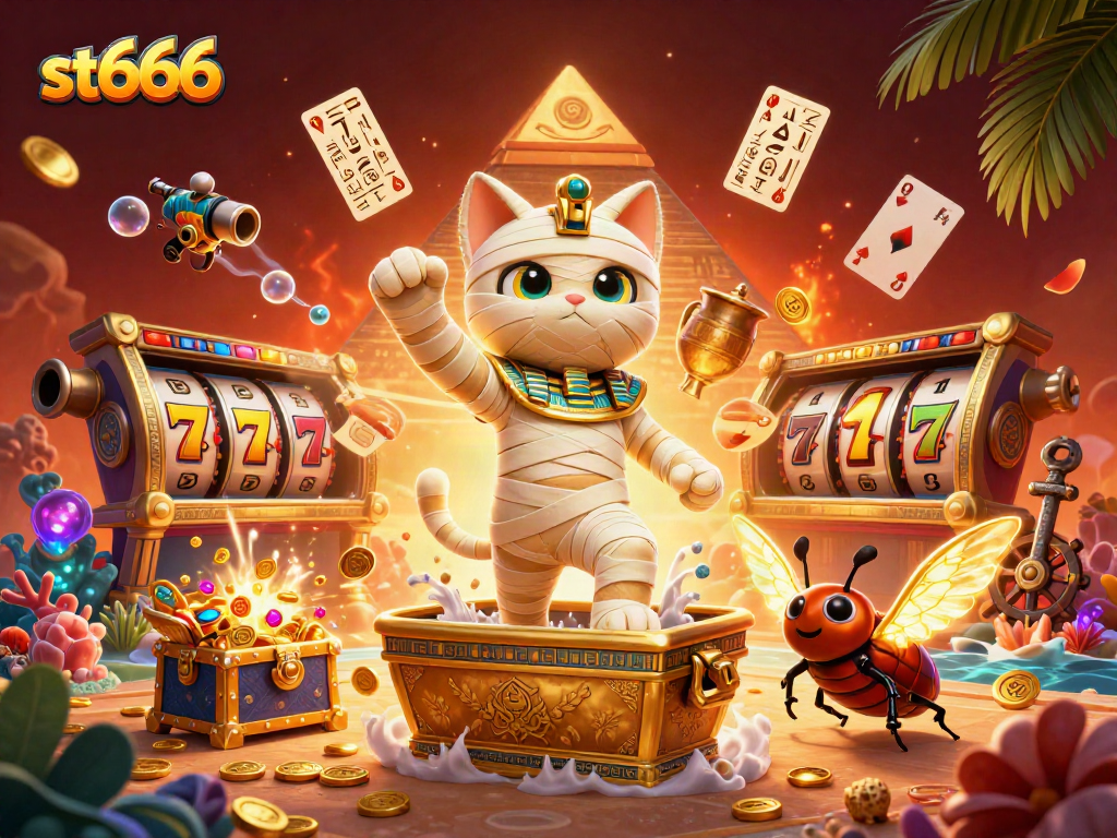 Experience the excitement of st666 with a dynamic casino scene bursting with vibrant game elements and treasures.