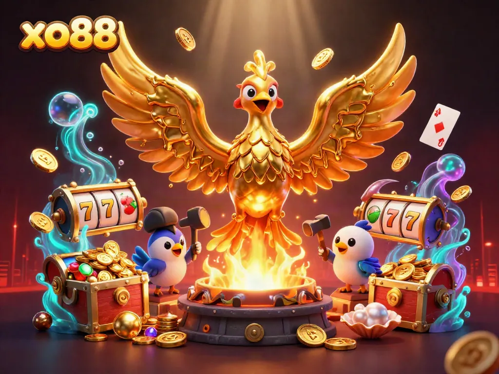 Spin to win with xo88: A vibrant golden phoenix and casino elements break through to victory.