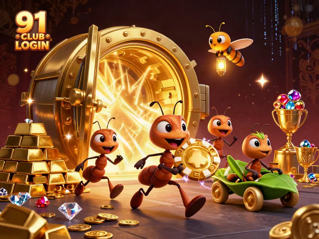 Engage with 91 CLUB LOGIN by experiencing a thrilling heist with playful cartoon ants.