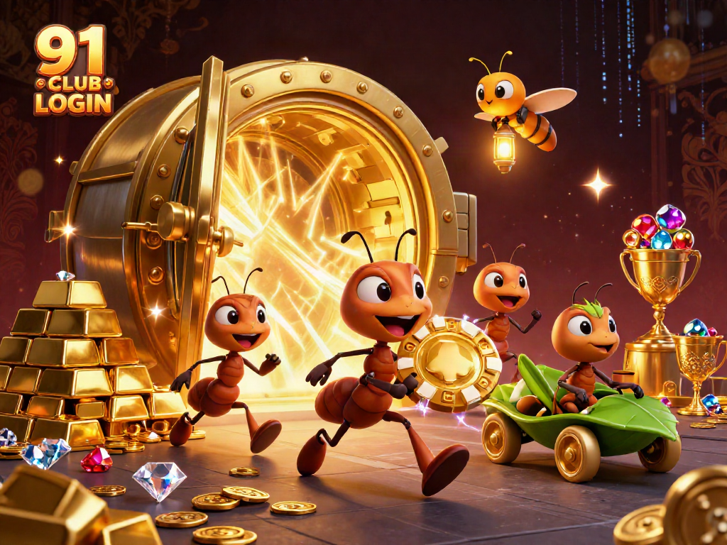 Engage with 91 CLUB LOGIN by experiencing a thrilling heist with playful cartoon ants.