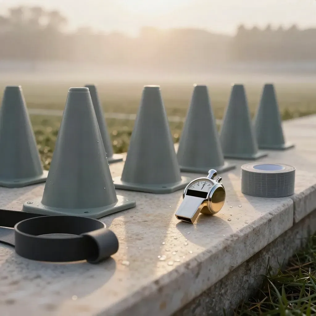 Coaching kit on rain-kissed limestone at sunrise with cones, whistle, stopwatch, tape and resistance band.