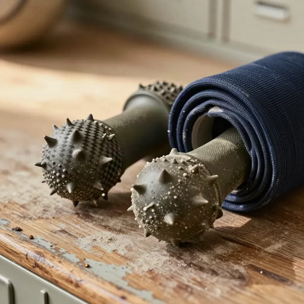 Macro still life of track spikes, a massage ball, and a compression sleeve on locker-room wood