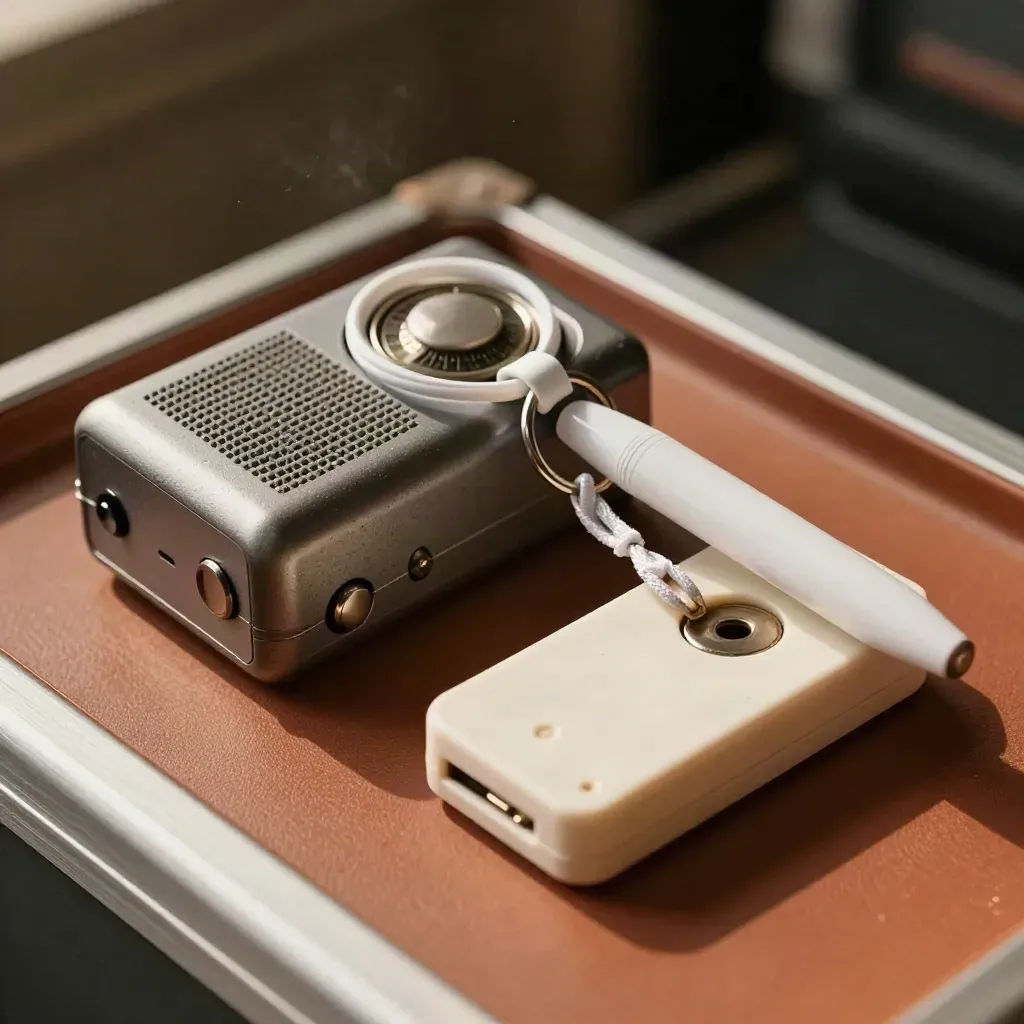 Radio, charger dock, key clip and pen on a terracotta sideline tray