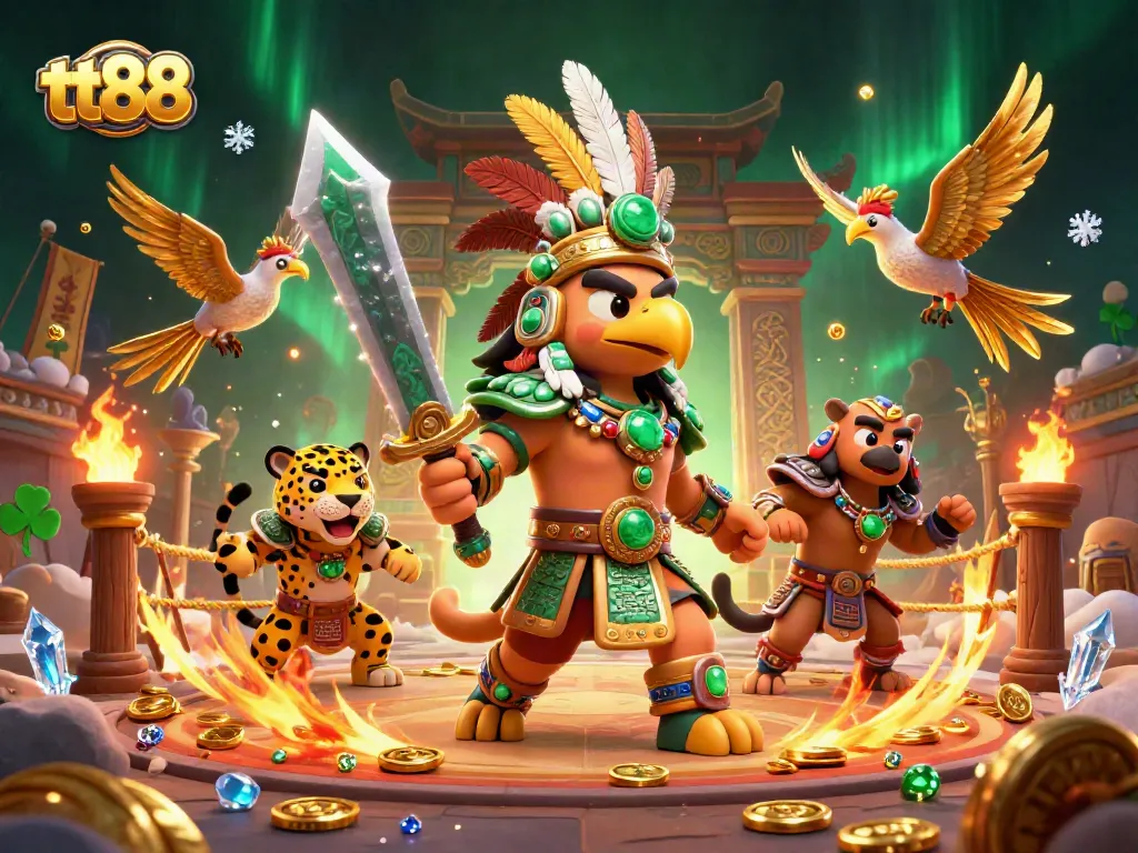 Experience the vibrant world of tt88 with Aztec warriors and golden treasures in this dynamic illustration.
