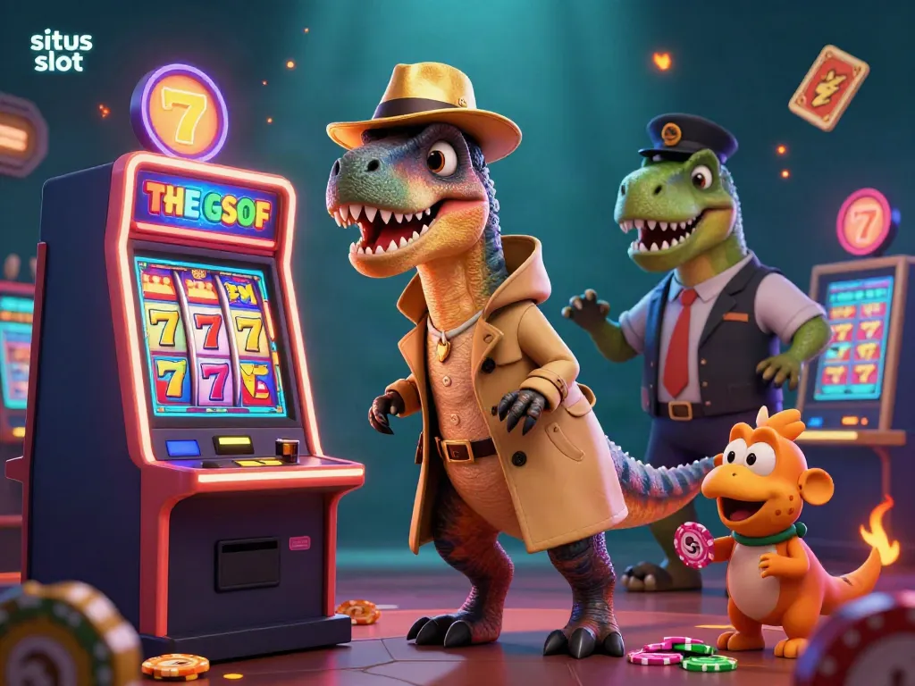 Experience the excitement of situs slot with animated dinosaurs at a colorful casino.