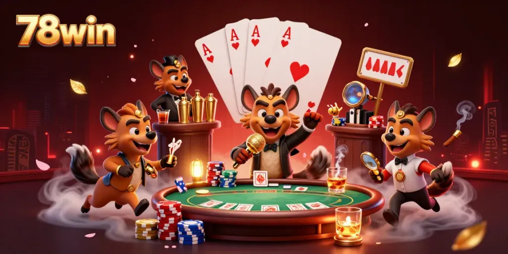 Enjoy exciting casino gaming with 78win hyena characters engaging in lively activities.