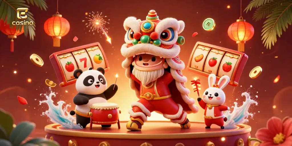Experience an exciting casino atmosphere showcasing a festive lion dance surrounded by iconic gambling symbols and characters.