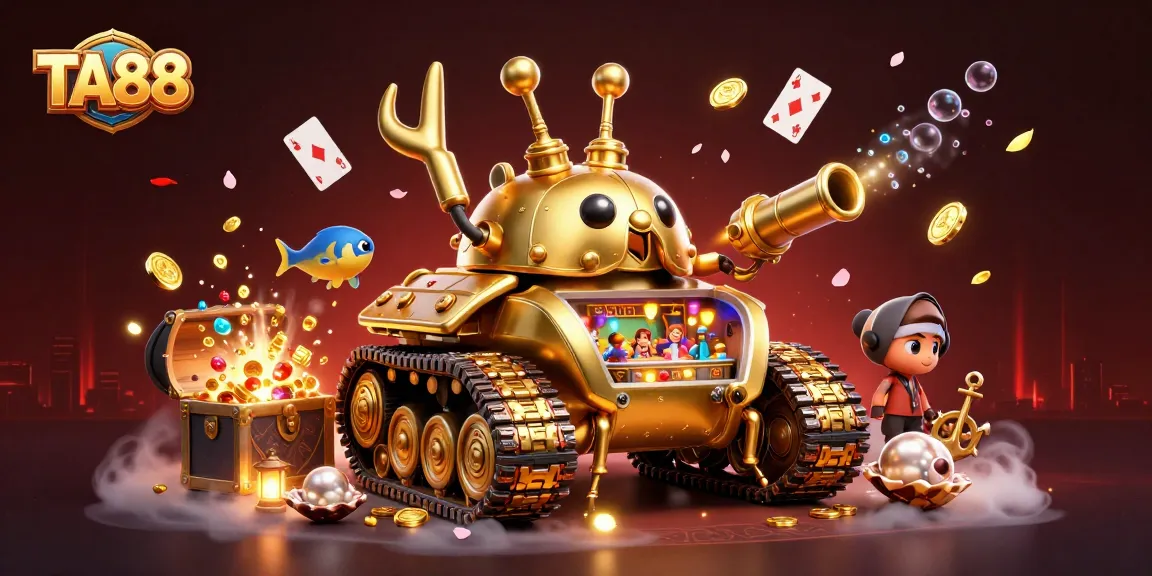TA88 offers an exciting casino experience inside a golden tank with cannon confetti and vibrant treasures.