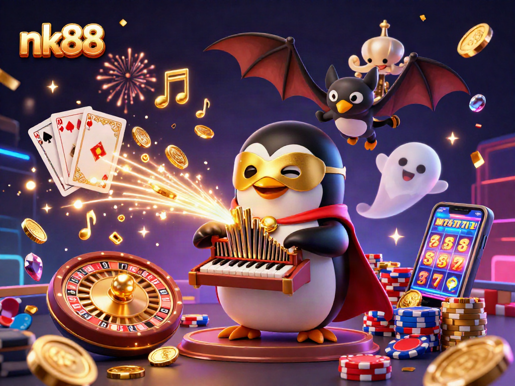 Experience the thrill of nk88 with a 3D scene featuring a phantom opera penguin and colorful casino symbols.