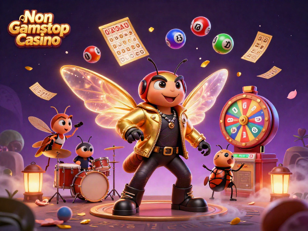 Engage with the dynamic Non Gamstop Casino scene featuring a rock star cicada, vibrant game elements, and festive atmosphere.