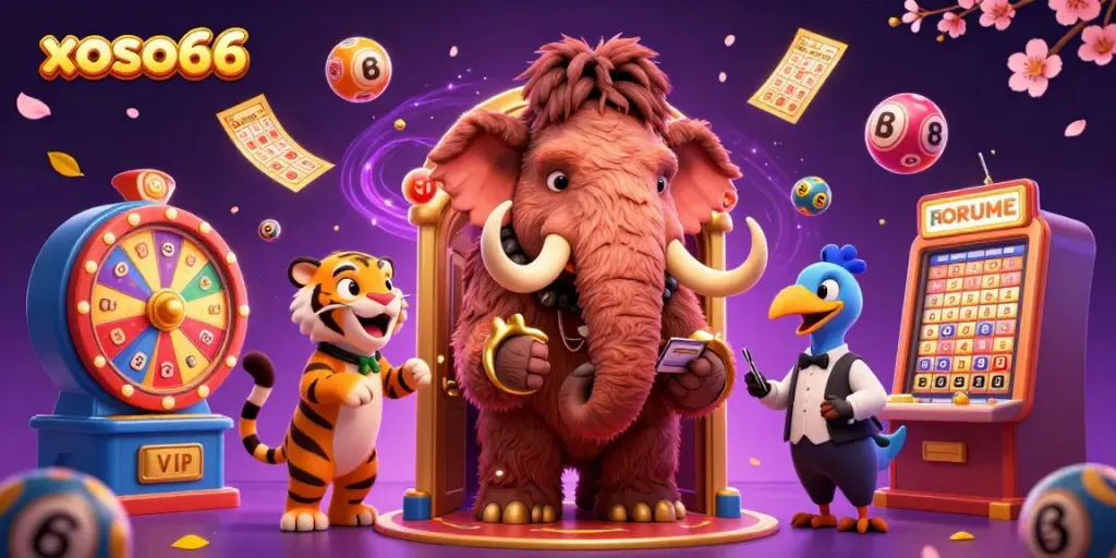 Experience the excitement of xoso66 with a vibrant 3D scene featuring lottery elements and whimsical characters.