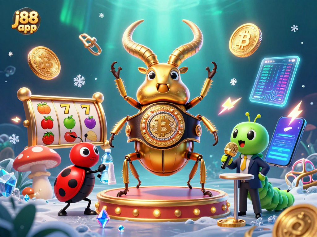 Experience the excitement of the j88 app with vibrant 3D illustrations of jackpot slots and crypto elements.