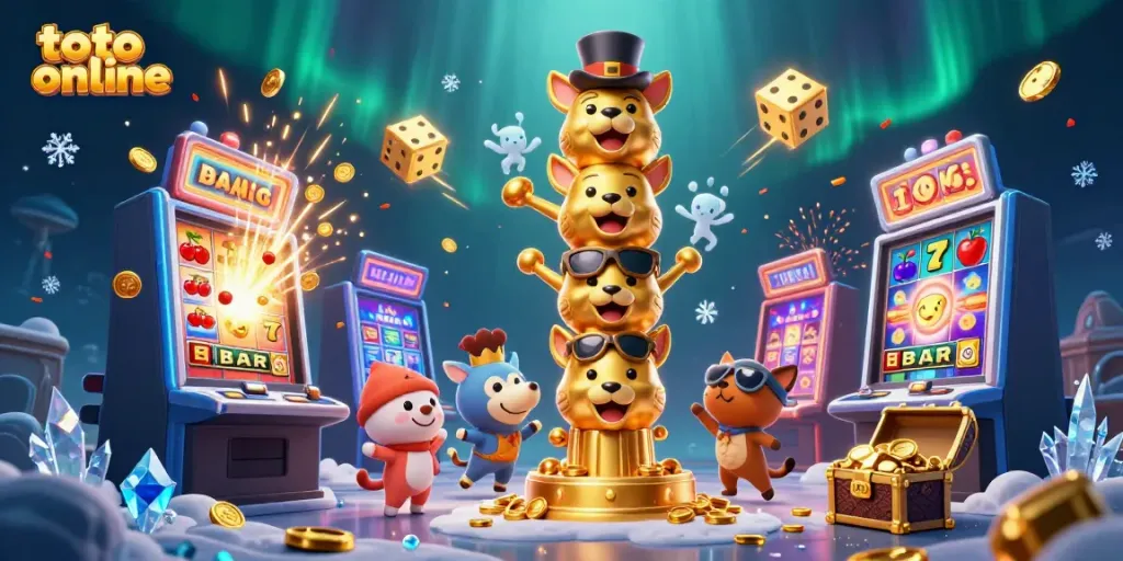 Experience fun with toto online in a vibrant casino-themed illustration packed with action and excitement.