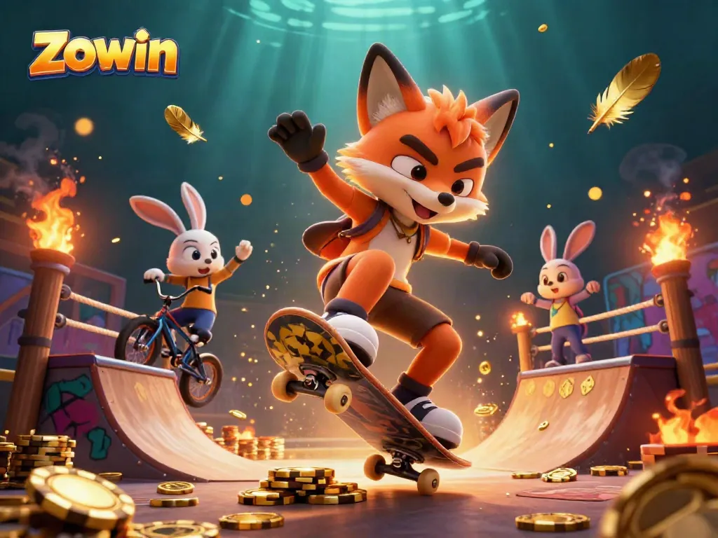 Zowin's vibrant cartoon scene showcases a skateboarder fox and BMX rabbit in a dynamic casino atmosphere.