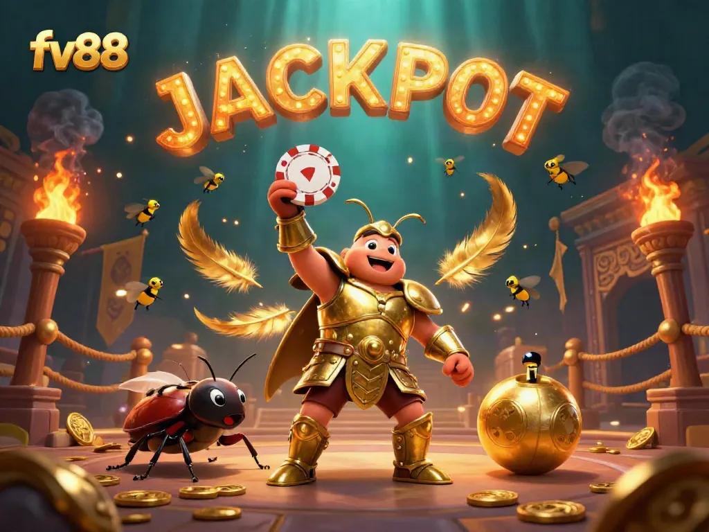Celebrate winnings at fv88 with a victorious beetle and dazzling jackpot scene from a vibrant casino.