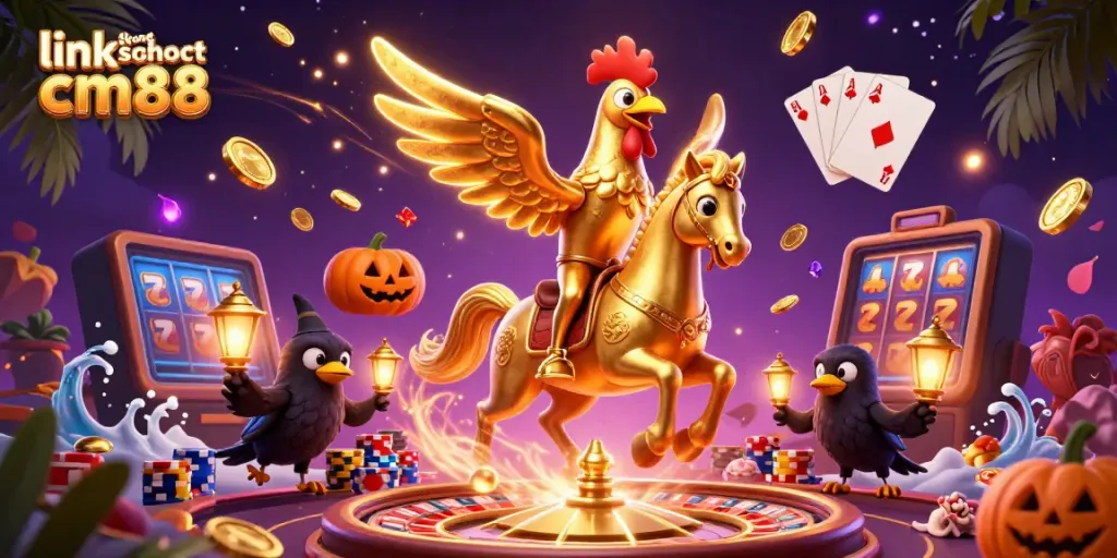 Experience the thrill of the casino with a golden rooster, showcasing link không chặn cm88 amidst vibrant gaming elements.