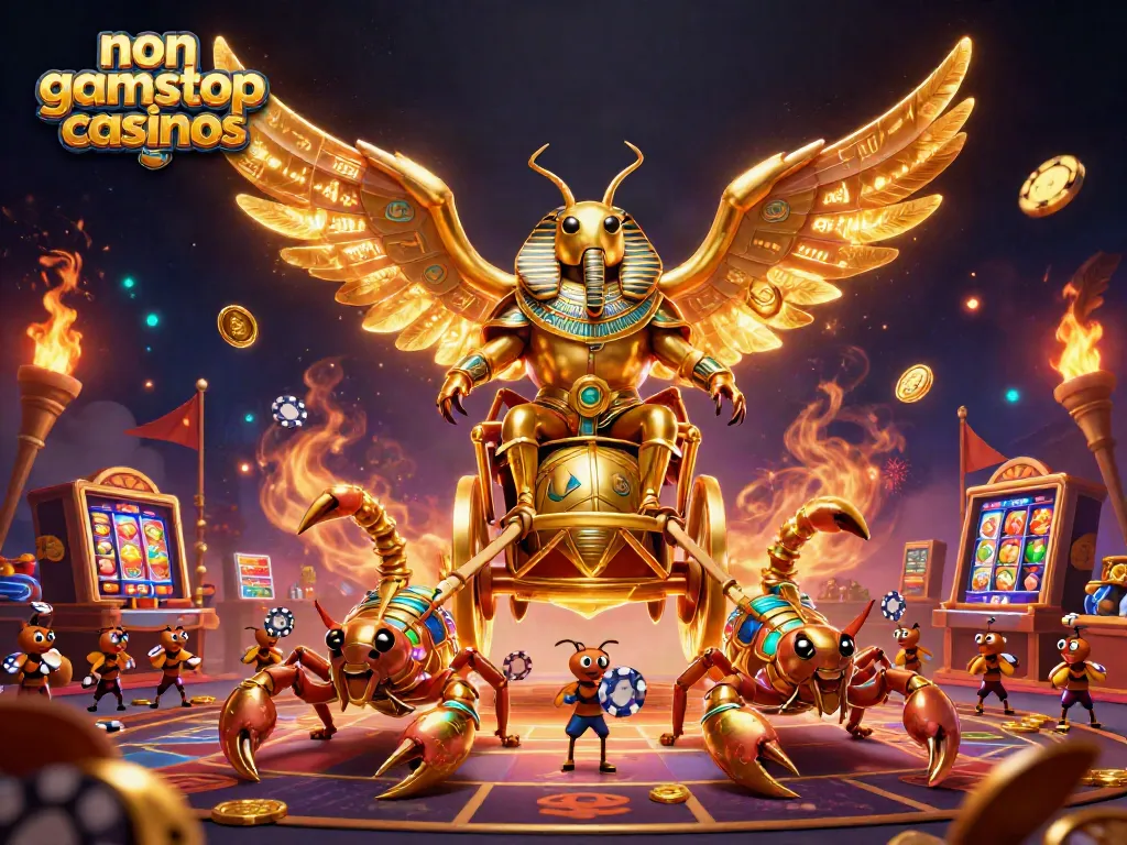 Experience non gamstop casinos with a vibrant 3D illustration of a golden scarab beetle and gambling elements.