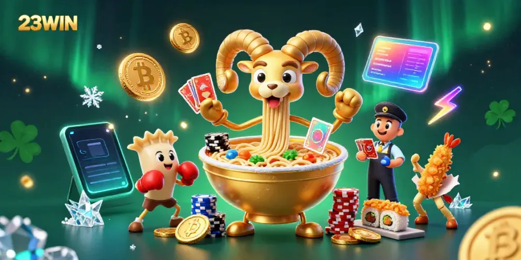 Experience casino excitement with 23WIN's vibrant illustration, showcasing a unique ramen bowl dealer.