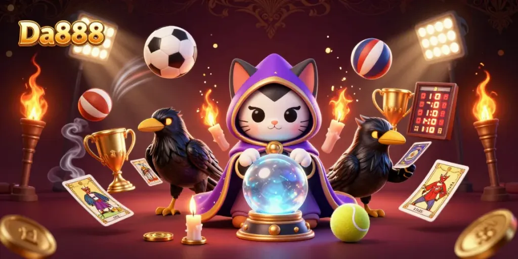 Engage with Da888's thrilling atmosphere featuring a mystic cat, tarot raven, and dynamic sports elements.